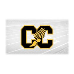 Sports Clipart: College Style Letters 'CC' for Cross Country w/ Winged Track Shoe Cutout Overlay on Gold - Digital Downl