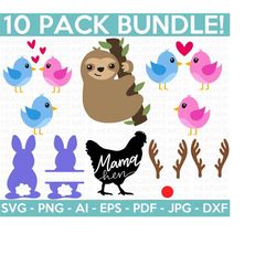 cute animals svg bundle, love birds svg, sloth svg, bunny svg, mama hen svg, deer svg, bunny split frame svg, cut file cricut, silhouette