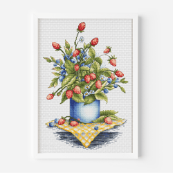 Strawberry Cross Stitch Pattern PDF, Berries Bouquet Counted Cross Stitch, Strawberry Hand Embroidery Bouquet in Vase