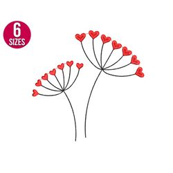 dandelion flower embroidery design, hearts, valentines day machine embroidery file, instant download