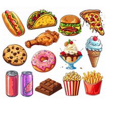 junk food clipart set, fast food clipart set, burger png, pizza png, tacos png, hotdog sandwich png, ice cream png, chocolate png, donut png