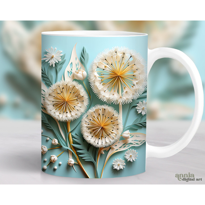 3D Dandelions Mug Wrap, Paper Flowers Mug Sublimation Design, 11oz Coffee Cup Template, 15 oz Mug Wrap PNG, Floral Mug Press Design - 1.jpg