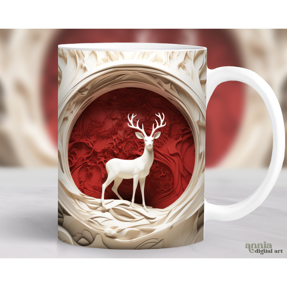 3D Deer Mug Wrap, Christmas Mug Sublimation Design, Winter Hunting 11oz Coffee Cup Wrap for Men, 15 oz Mug Wrap PNG, Red Mug Press Design - 1.jpg