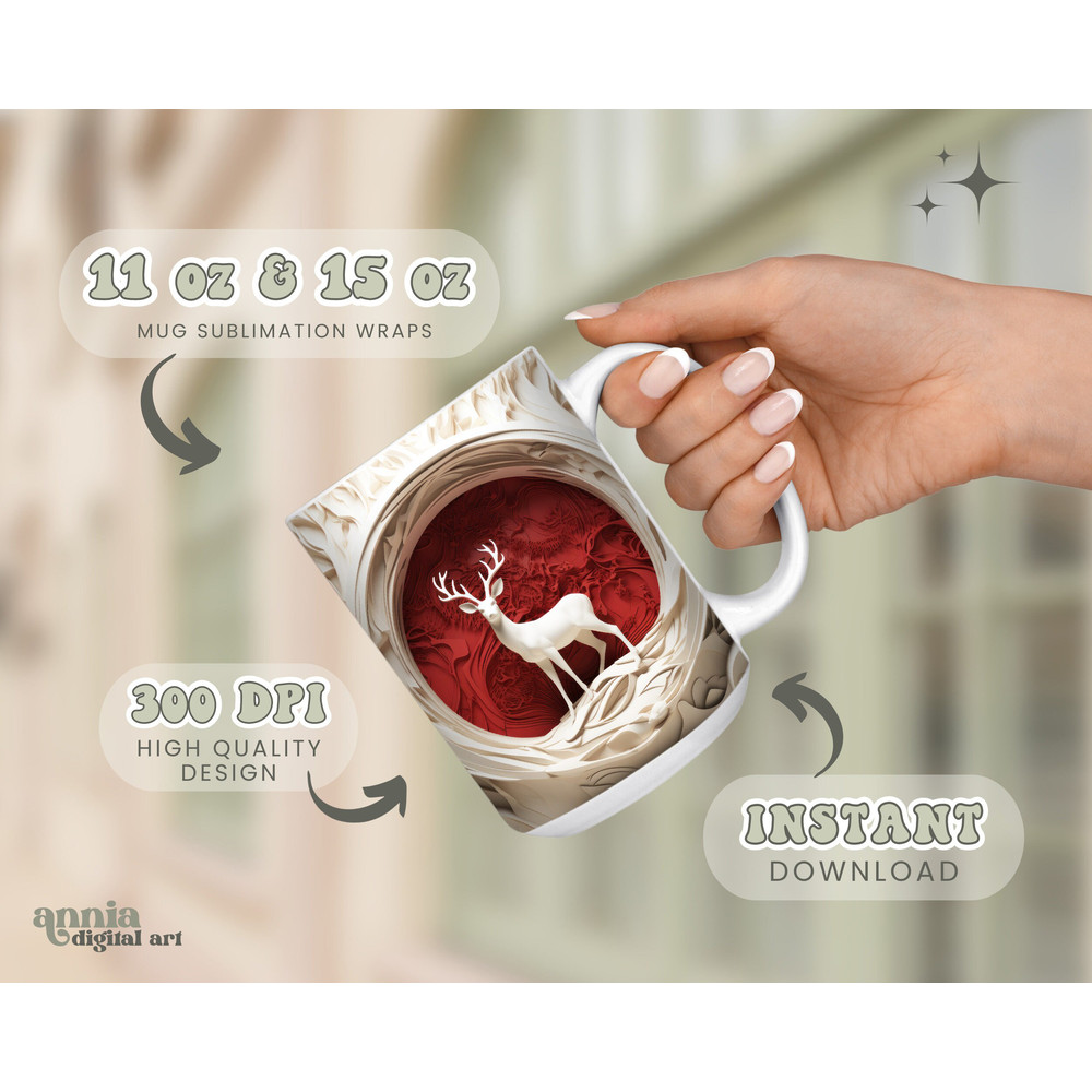 3D Deer Mug Wrap, Christmas Mug Sublimation Design, Winter Hunting 11oz Coffee Cup Wrap for Men, 15 oz Mug Wrap PNG, Red Mug Press Design - 2.jpg
