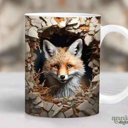 3d fox mug, cute fox cracked hole in wall mug