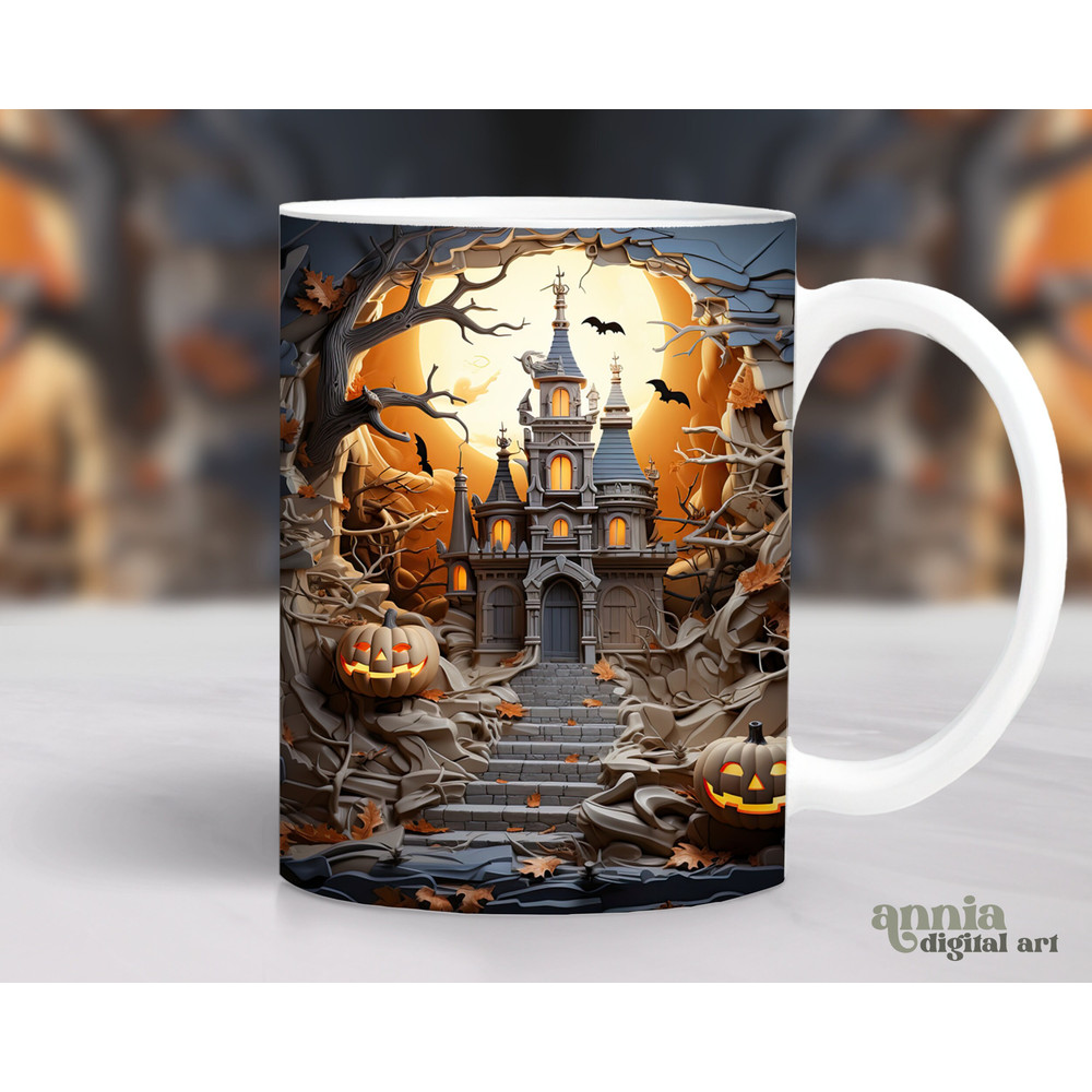 3D Halloween Mug Wrap, Haunted House Cup Sublimation Design Hole in Wall, 11oz Coffee Cup Template, Spooky 15 oz Mug PNG, Mug Press Designs - 1.jpg