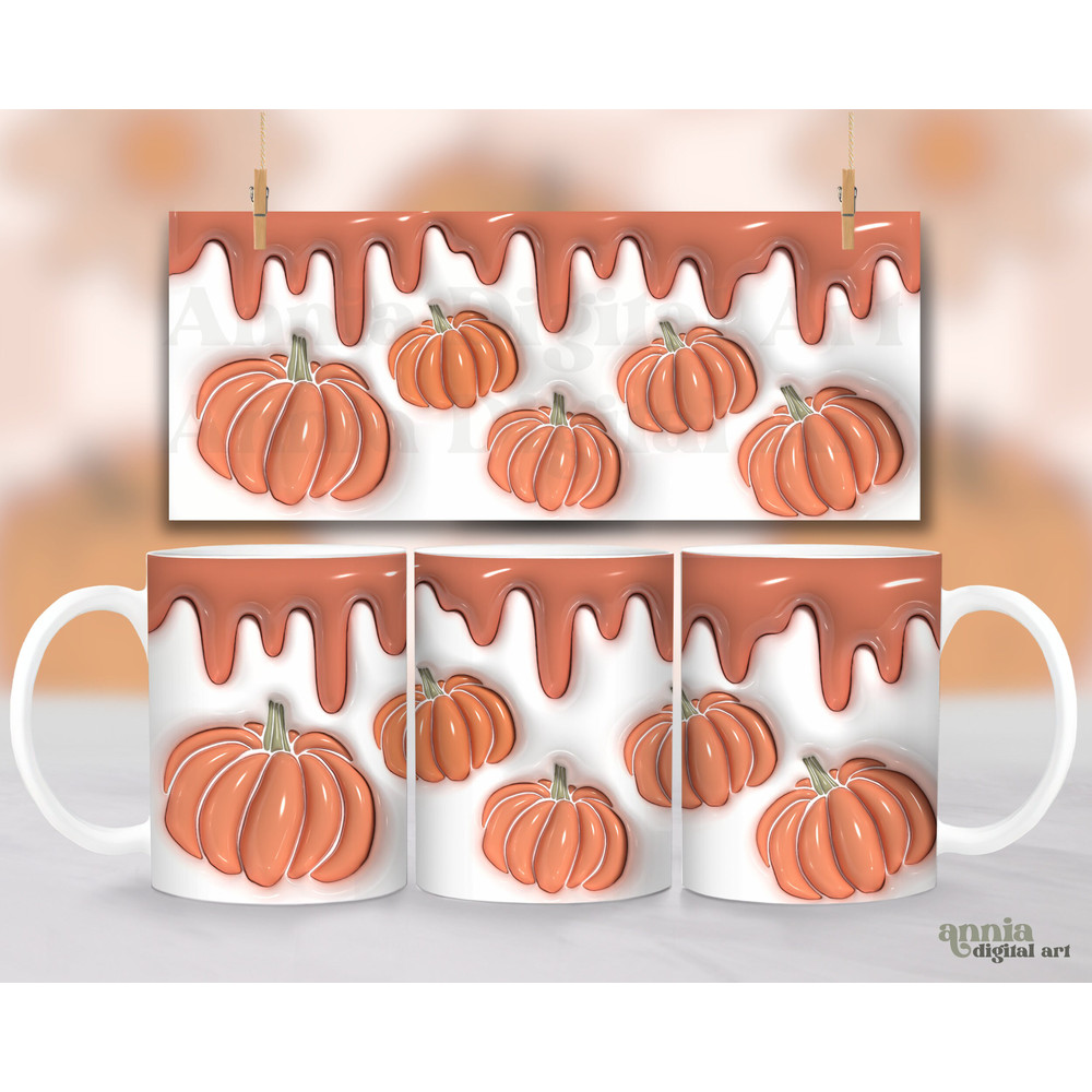 3D Inflated Pumpkins Mug Wrap, Puffy Fall 11oz Coffee Cup Template Sublimation, Autumn Harvest 15 oz Mug Wrap PNG, Bubble Mug Press Design - 1.jpg
