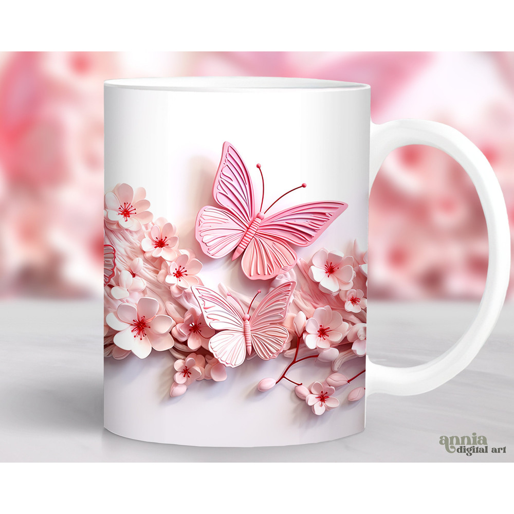 3D Pink Butterflies Mug Sublimation Design, Butterfly 11oz Coffee Cup Wrap, Flowers 15 oz Mug Wrap PNG, Spring Floral Mug Press Designs - 1.jpg