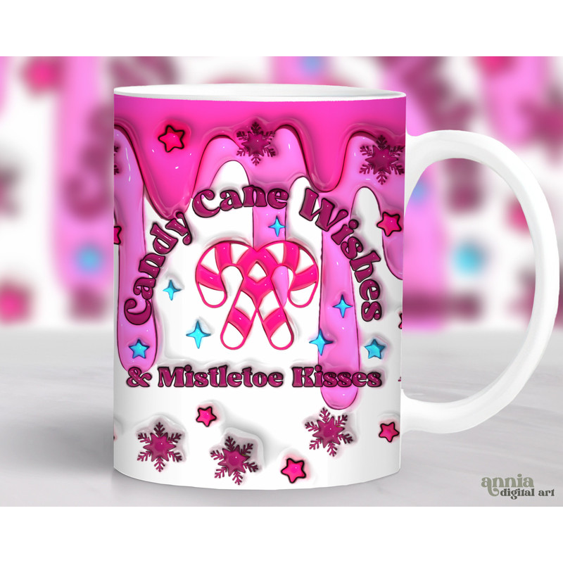 3D Pink Christmas Mug Wrap Inflated, Candy Cane Mug Sublimation Design, Puffy 11oz Coffee Cup Wrap, 15oz Mug Wrap PNG, Xmas Mug Press Design - 1.jpg