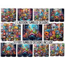 3d cartoon character 20oz tumbler png, skinny tumbler bundle png,3d cartoon tumbler bundle, seamless cartoon tumbler design digital download