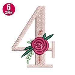 Floral Alphabet number 4 embroidery design, Machine embroidery pattern, Instant Download