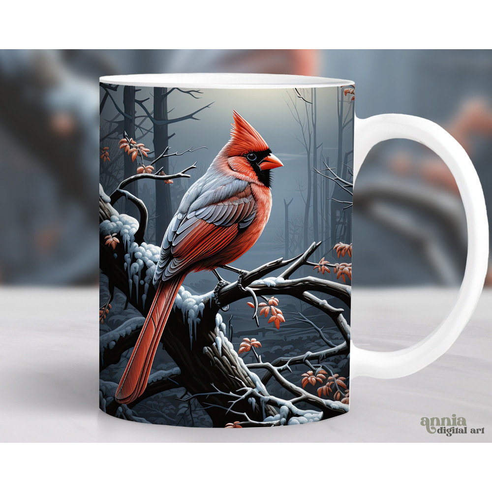 Cardinal Bird Winter Mug Wrap, Red Cardinal Mug Sublimation Design, Forest 11oz Coffee Cup Template, 15 oz Mug Wrap PNG, Mug Press Design - 1.jpg