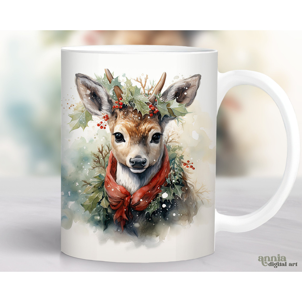 Christmas Baby Deer Mug Wrap, Watercolor Winter Reindeer Mug Sublimation Design, 11oz Coffee Cup Wrap, 15oz Mug Wrap PNG, Mug Press Design - 1.jpg