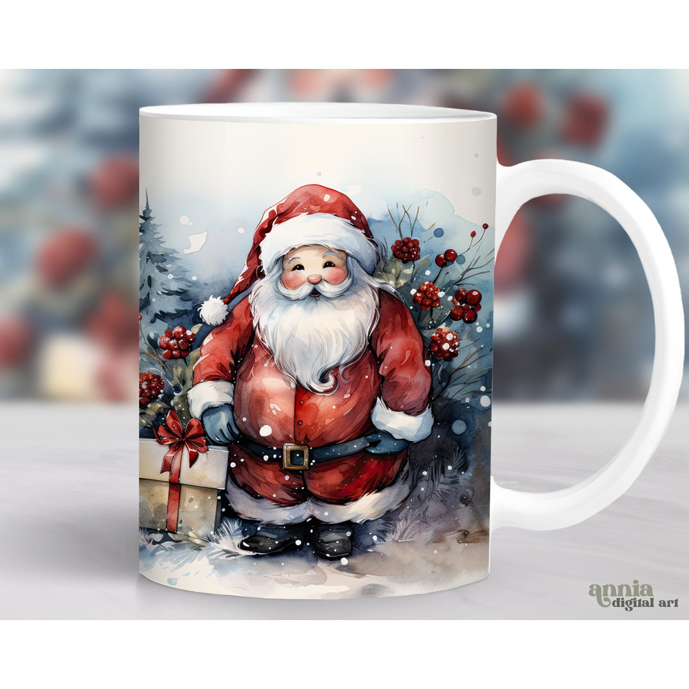 Christmas Santa Mug Wrap, Watercolor Christmas Mug Sublimation Design, Holiday 11oz Coffee Cup Wrap, 15 oz Mug Wrap PNG, Mug Press Design - 1.jpg