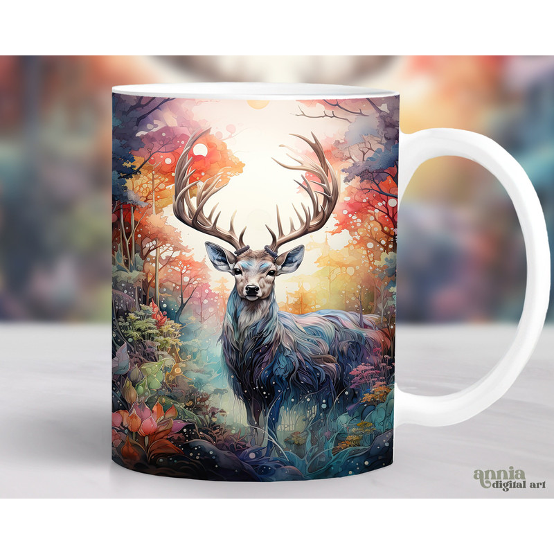 Colorful Deer Mug Wrap, Deer Hunting Mug Sublimation Design Hunters, Watercolor Forest Animals 11oz Coffee Cup Template, 15 oz Mug Wrap PNG - 1.jpg