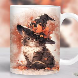 cute cat fall mug, cat witch hat mug  for halloween