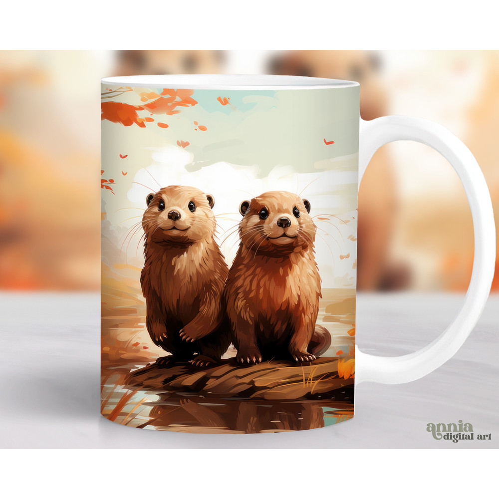 Fall Otters Mug Wrap, Watercolor Autumn Mug Sublimation Design, Fall Animals 11oz Coffee Cup Wrap, 15 oz Mug Wrap PNG, Mug Press Design - 1.jpg
