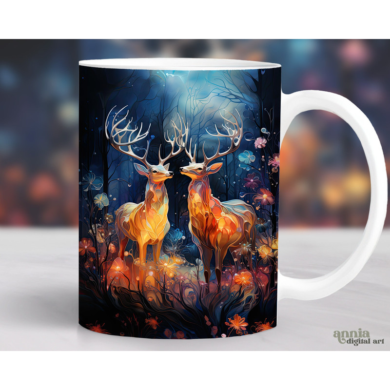 Floral Deer Mug Wrap, Deer Hunting Mug Sublimation Design Hunters, Woodland Forest Animals 11oz Coffee Cup Template, 15 oz Mug Wrap PNG - 1.jpg