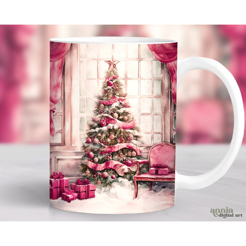 Pink Christmas Tree Mug Wrap, Vintage Christmas Mug Sublimation Design, Winter 11oz Coffee Cup Wrap, 15 oz Mug Wrap PNG, Holiday Mug Design - 1.jpg