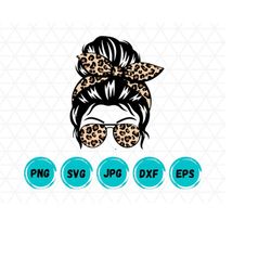 leopard messy bun svg, mom life svg, leopard messy bun hair svg, messy bun skull svg, messy bun cut file cricut, silhouette, dxf, svg