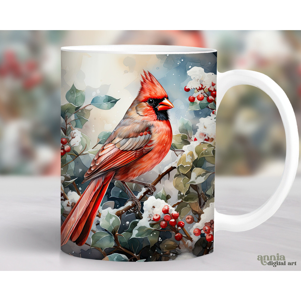 Red Cardinal Bird Christmas Mug Wrap, Winter Cardinal Mug Sublimation Design, 11oz Coffee Cup Wrap, 15 oz Mug Wrap PNG, Mug Press Design - 1.jpg