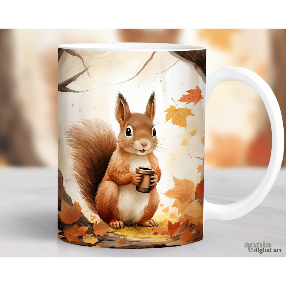 Squirrel Fall Mug Wrap, Coffee Squirrel Mug Sublimation Design, Watercolor Autumn 11oz Coffee Cup, 15 oz Mug Wrap PNG, Fall Mug Press Design - 1.jpg