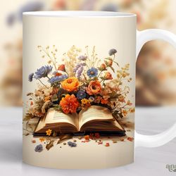 watercolor book mug, book and flowers