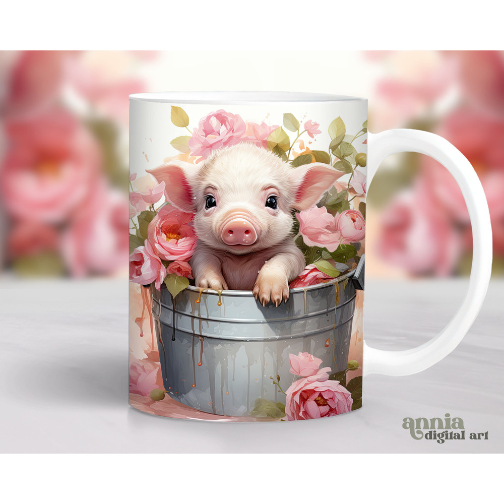 Watercolor Baby Pig Mug Sublimation Design, Floral Cute Animals 11oz Coffee Cup Template, 15 oz Mug Wrap PNG, Pig Mug Press Designs - 1.jpg