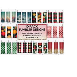 20 Oz Christmas Skinny Tumbler Sublimation Wraps Bundle, Christmas Designs PNG Bundle, Straight, Tapered, Sublimation PNG
