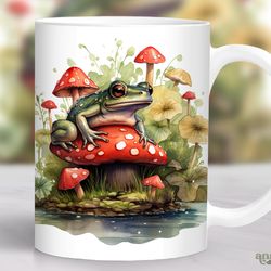watercolor frog mug, mushrooms mug