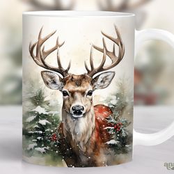 winter deer mug, watercolor christmas reindeer mug