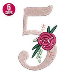 Floral Alphabet five 5 embroidery design, Machine embroidery pattern, Instant Download