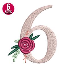 Floral Alphabet six 6 embroidery design, Machine embroidery pattern, Instant Download