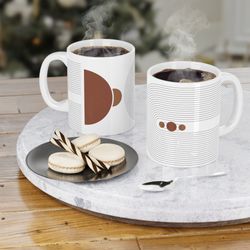 bohemian geometric abstract art on mug, minimalist boho mid century abstract art ceramic mug, office mug