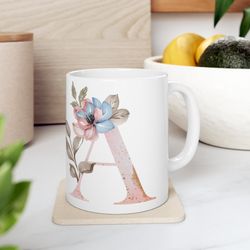 letter a floral alphabet coffee mug, name begins with a, initial mug