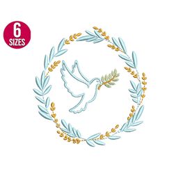 dove with leaf wreath embroidery design, baptism, machine embroidery file, instant download
