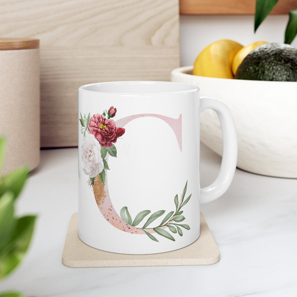 Letter C Floral Alphabet Coffee Mug Name Begins with C Initial Mug Initial Coffee Cup Birthday Gift Watercolor Flowers Mug 11oz - 1.jpg