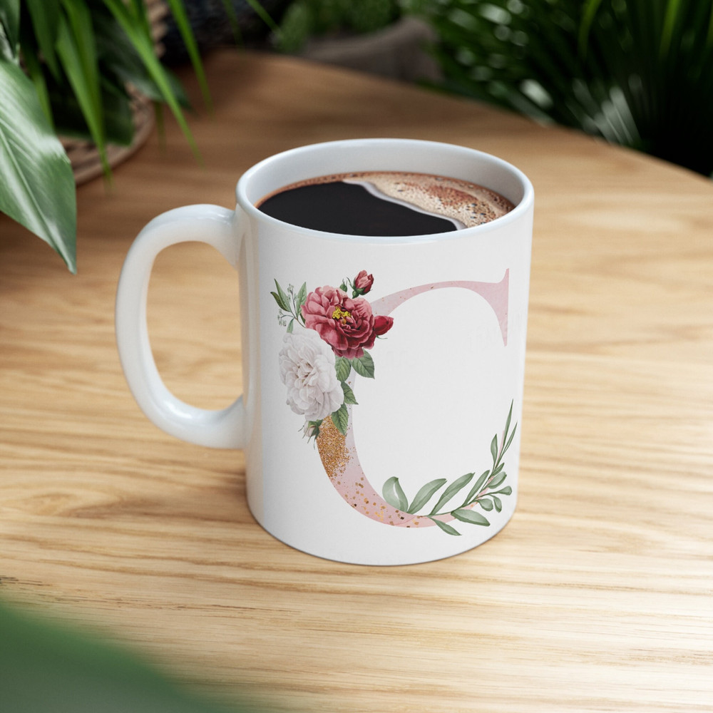 Letter C Floral Alphabet Coffee Mug Name Begins with C Initial Mug Initial Coffee Cup Birthday Gift Watercolor Flowers Mug 11oz - 6.jpg