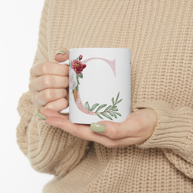 Letter C Floral Alphabet Coffee Mug Name Begins with C Initial Mug Initial Coffee Cup Birthday Gift Watercolor Flowers Mug 11oz - 7.jpg