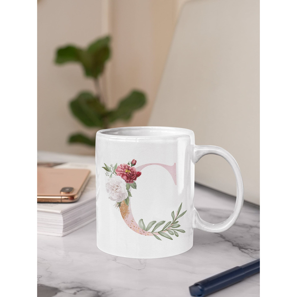 Letter C Floral Alphabet Coffee Mug Name Begins with C Initial Mug Initial Coffee Cup Birthday Gift Watercolor Flowers Mug 11oz - 8.jpg