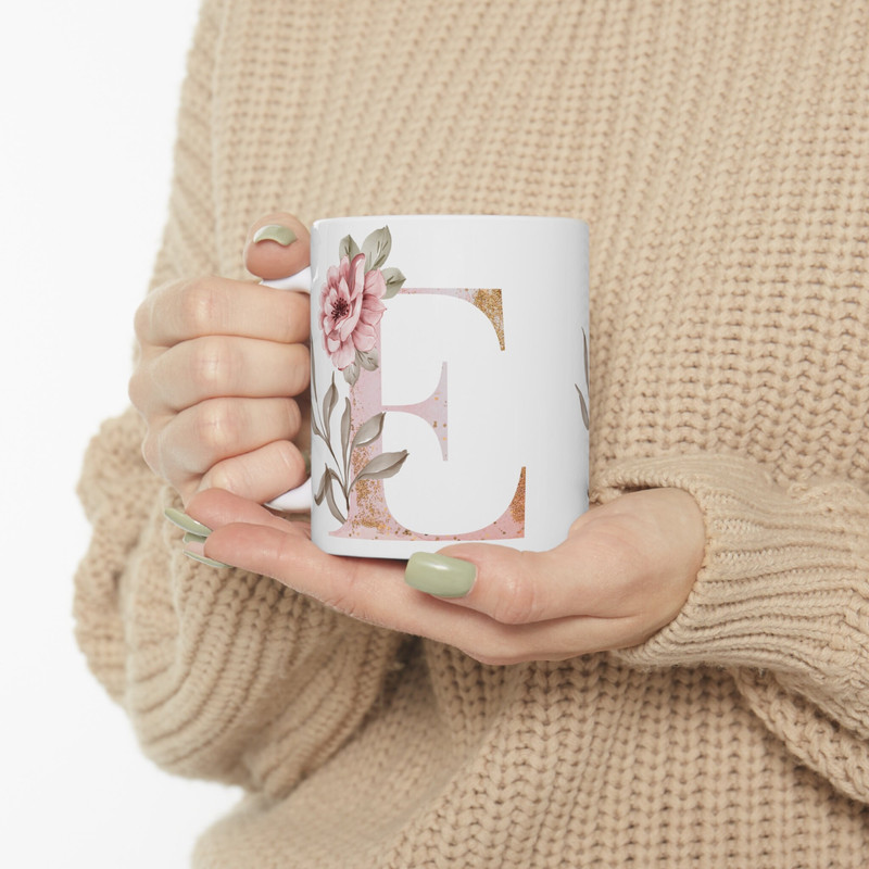 Letter E Floral Alphabet Coffee Mug  Name Begins with E  Initial Mug  Initial Coffee Cup  Birthday Gift  Watercolor Flowers Mug  11oz - 1.jpg