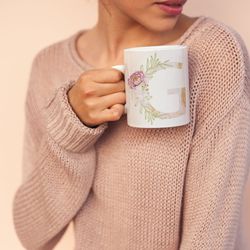 letter g floral alphabet coffee mug, name begins with g, initial mug