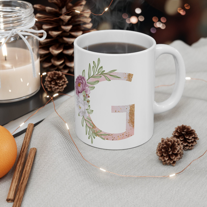 Letter G Floral Alphabet Coffee Mug Name Begins with G Initial Mug Initial Coffee Cup Birthday Gift Watercolor Flowers Mug 11oz - 4.jpg
