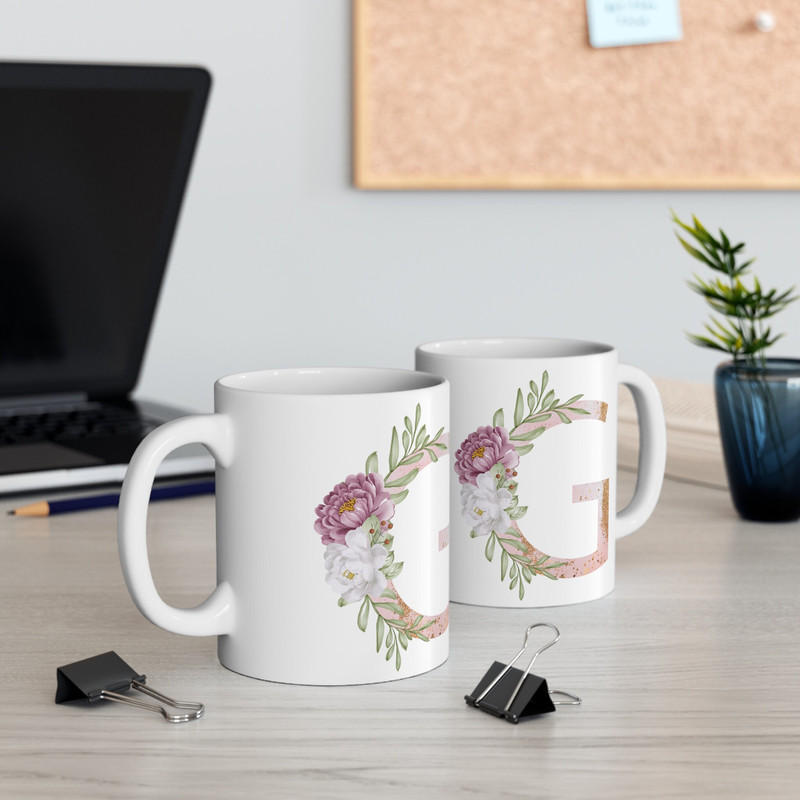 Letter G Floral Alphabet Coffee Mug Name Begins with G Initial Mug Initial Coffee Cup Birthday Gift Watercolor Flowers Mug 11oz - 5.jpg