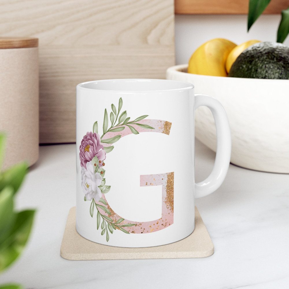 Letter G Floral Alphabet Coffee Mug Name Begins with G Initial Mug Initial Coffee Cup Birthday Gift Watercolor Flowers Mug 11oz - 6.jpg