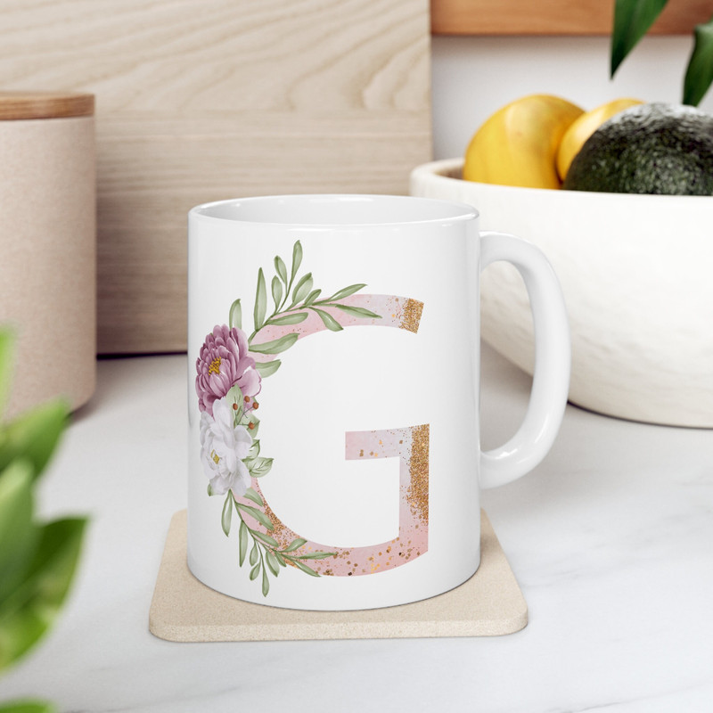 Letter G Floral Alphabet Coffee Mug Name Begins with G Initial Mug Initial Coffee Cup Birthday Gift Watercolor Flowers Mug 11oz - 6.jpg