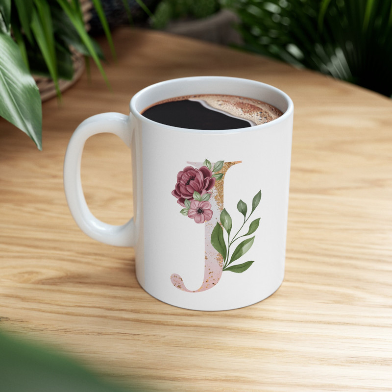 Letter J Floral Alphabet Coffee Mug Name Begins with J Initial Mug Initial Coffee Cup Birthday Gift Watercolor Flowers Mug 11oz - 3.jpg