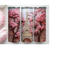 3d eiffel tower pink roses 20 oz tumbler png, floral skinny sublimation wrap, floral pattern png, flower tumbler wrap, garden lovers