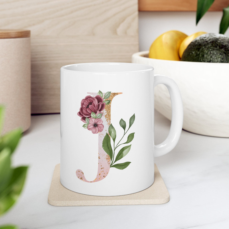 Letter J Floral Alphabet Coffee Mug Name Begins with J Initial Mug Initial Coffee Cup Birthday Gift Watercolor Flowers Mug 11oz - 4.jpg