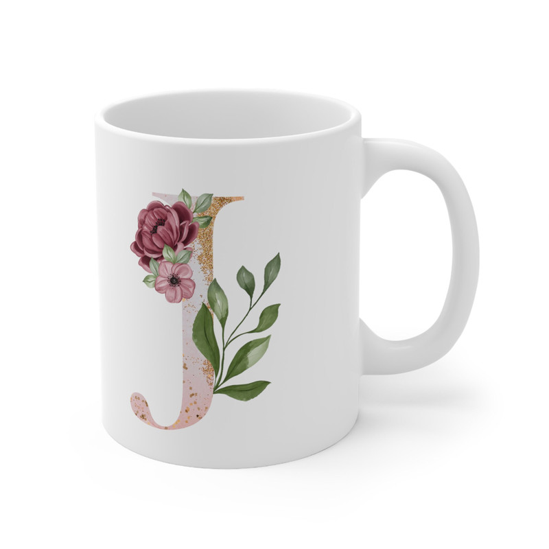 Letter J Floral Alphabet Coffee Mug Name Begins with J Initial Mug Initial Coffee Cup Birthday Gift Watercolor Flowers Mug 11oz - 5.jpg